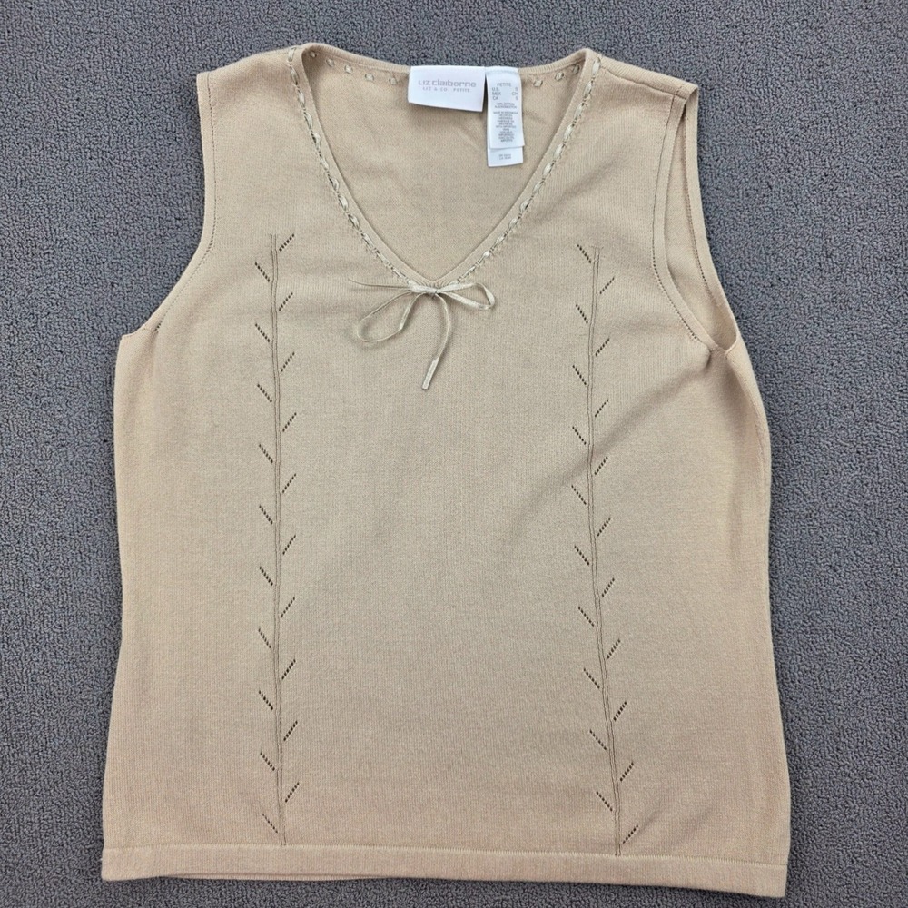 Liz Claiborne Liz & Co Petite Sweater Tank Women Beige Pointelle Bow Shell S